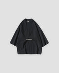 Black haori jacket with a knotted frog toggle, front view