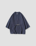 Navy haori jacket with a knotted frog toggle, front view
