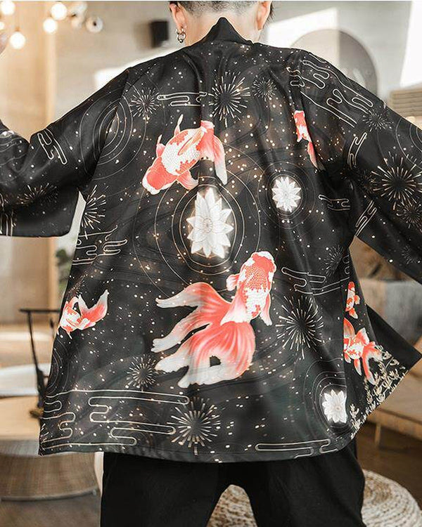 Back of the black haori cardigan printed with red-and-white goldfish, a white lotus disc and gold fireworks