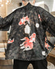 Back of the black haori cardigan printed with red-and-white goldfish, a white lotus disc and gold fireworks