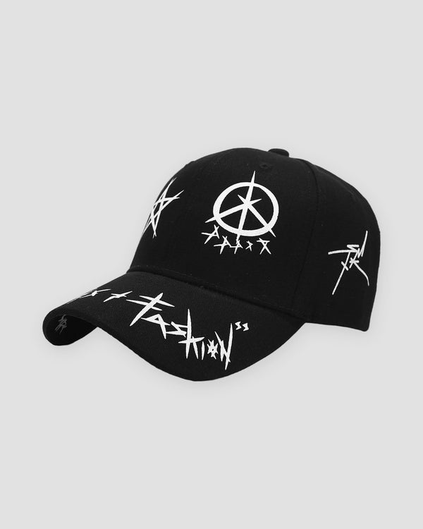 Black graffiti cap, three-quarter view, white embroidered peace sign and brim lettering