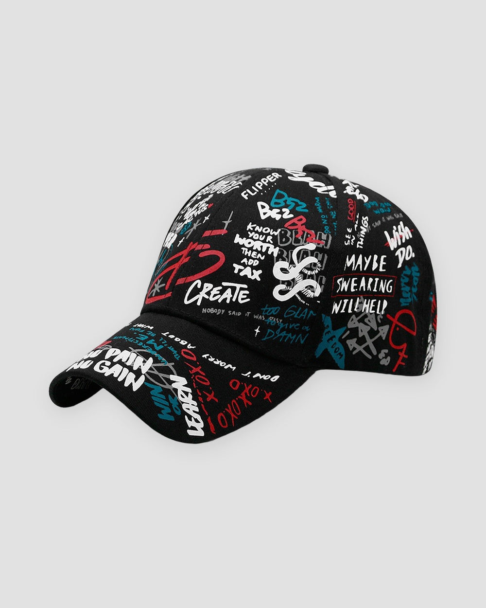 Black graffiti print baseball cap, three-quarter view, red heart and CREATE on the front