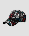 Black graffiti print baseball cap, three-quarter view, red heart and CREATE on the front