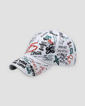 White graffiti print baseball cap, three-quarter view, multicolor lettering