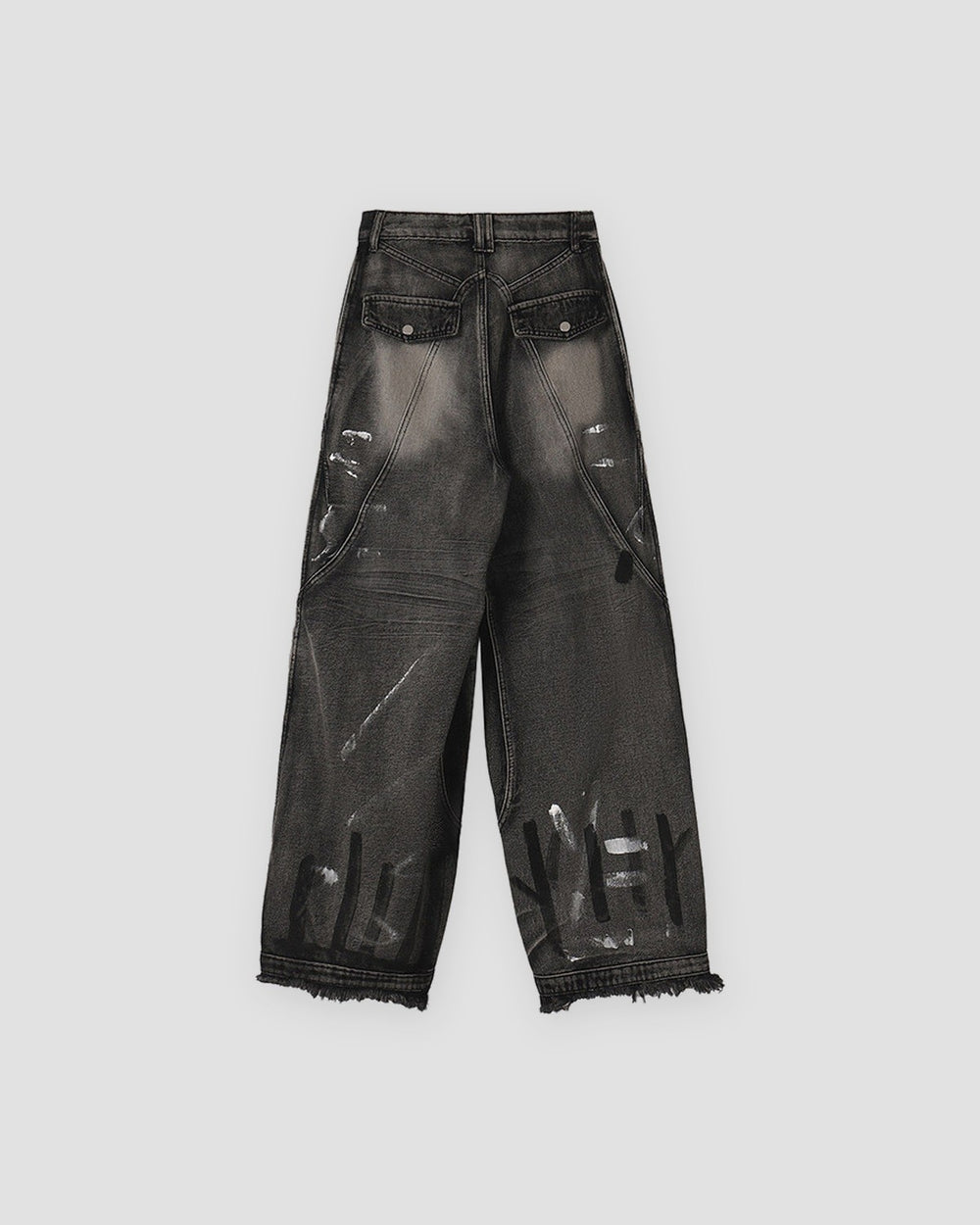 Graffiti wash wide-leg jeans, back view with flap pockets