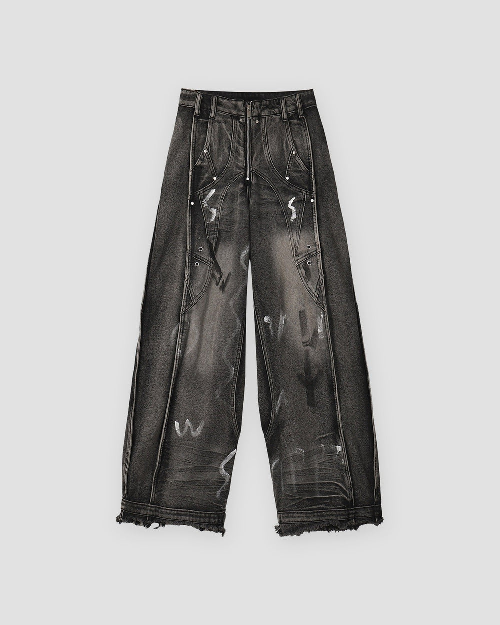 Washed black graffiti wide-leg jeans with raw hems, front view