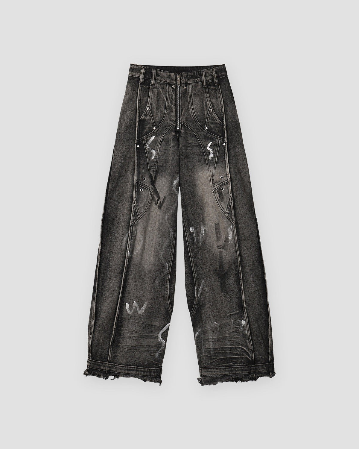 Washed black graffiti wide-leg jeans with raw hems, front view