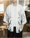 Front of the white haori worn open, with birds and reeds printed along the hem