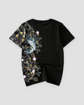 Back of the black T-shirt with a blue-teal koi leaping through white waves and gold and pink blossoms