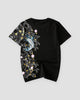 Back of the black T-shirt with a blue-teal koi leaping through white waves and gold and pink blossoms