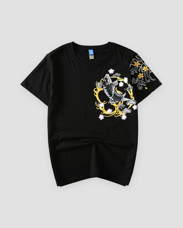 Black T-shirt with a leaping koi in a gold ring on the left chest and waves on the left sleeve