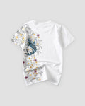 Back of the white T-shirt with a blue-teal koi leaping through white waves and gold and pink blossoms