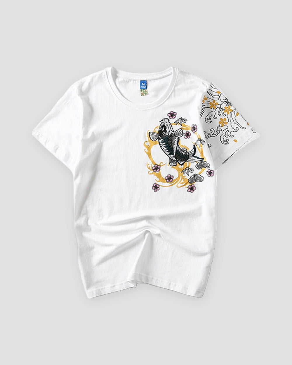 White T-shirt with a leaping koi in a gold ring on the left chest and waves on the left sleeve