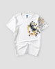 White T-shirt with a leaping koi in a gold ring on the left chest and waves on the left sleeve