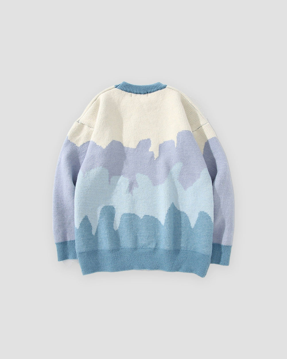 Blue landscape color block knit sweater, back view