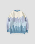 Blue landscape color block knit sweater, back view