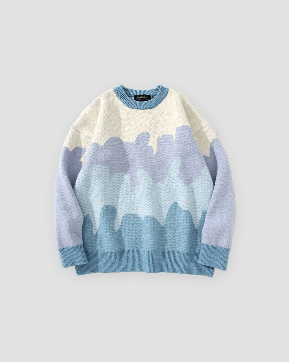 Blue landscape color block knit sweater, front view, lavender and blue hills on cream