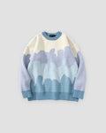 Blue landscape color block knit sweater, front view, lavender and blue hills on cream