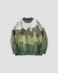 Green landscape color block knit sweater, front view, green hills on cream