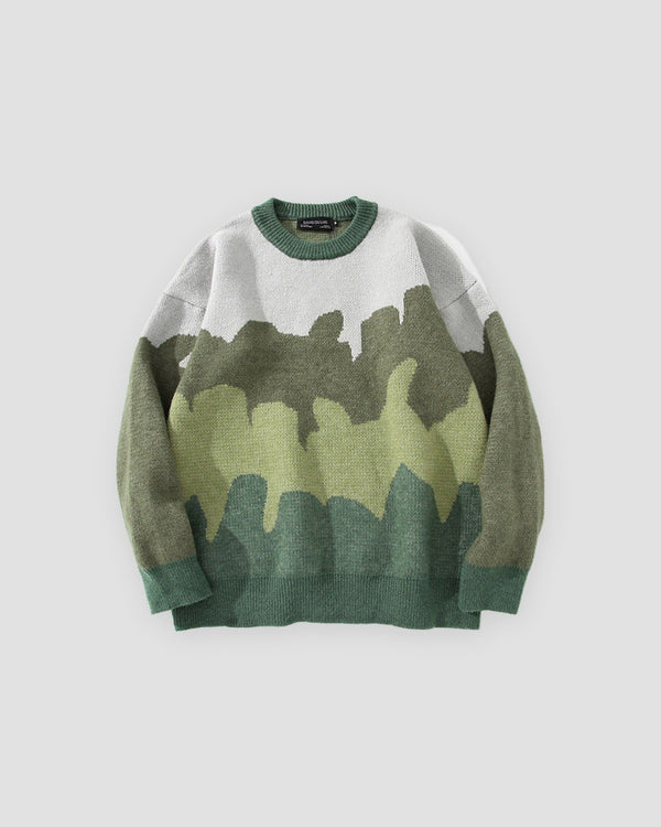 Green landscape color block knit sweater, front view, green hills on cream