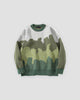 Green landscape color block knit sweater, front view, green hills on cream