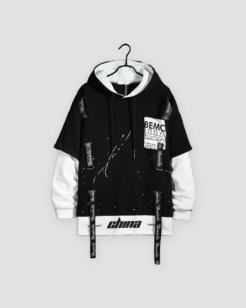 Black layered ribbon strap hoodie with white under-sleeves, front view