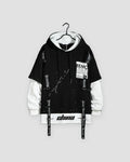 Black layered ribbon strap hoodie with white under-sleeves, front view