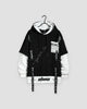 Black layered ribbon strap hoodie with white under-sleeves, front view