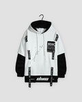 White layered ribbon strap hoodie with black under-sleeves, front view