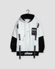 White layered ribbon strap hoodie with black under-sleeves, front view
