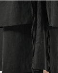 Close-up of the wrap panel hem over the wide legs and hanging ties