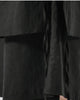 Close-up of the wrap panel hem over the wide legs and hanging ties