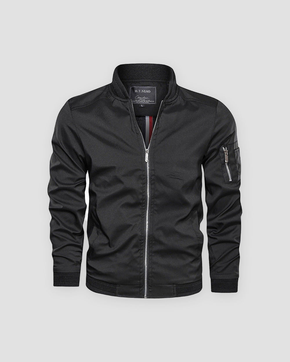 Black bomber jacket with a ribbed collar and a sleeve zip pocket, front view