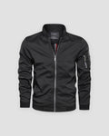 Black bomber jacket with a ribbed collar and a sleeve zip pocket, front view