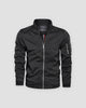 Black bomber jacket with a ribbed collar and a sleeve zip pocket, front view