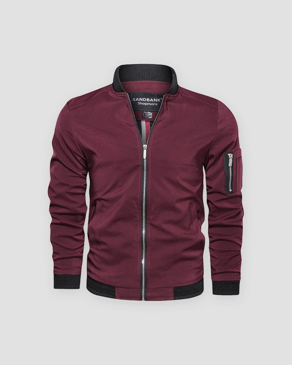 Burgundy bomber jacket with a black ribbed collar and a sleeve zip pocket, front view