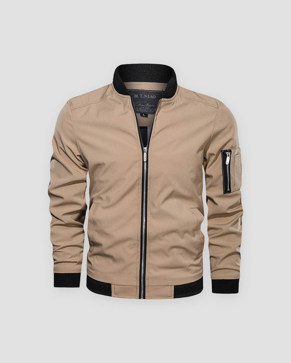 Khaki bomber jacket with a black ribbed collar and a sleeve zip pocket, front view