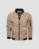 Khaki bomber jacket with a black ribbed collar and a sleeve zip pocket, front view