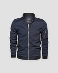 Navy bomber jacket with a black ribbed collar and a sleeve zip pocket, front view
