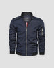 Navy bomber jacket with a black ribbed collar and a sleeve zip pocket, front view