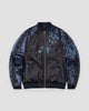 Black and navy souvenir jacket, front view, blue blossoms and a gray swirl on the chest