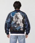 Model wearing the white lion souvenir jacket, back view of the embroidery