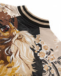 Close-up of the striped rib collar beside the lion's mane and blossoms