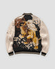 Black and cream sukajan, back view, roaring lion embroidered among blossoms