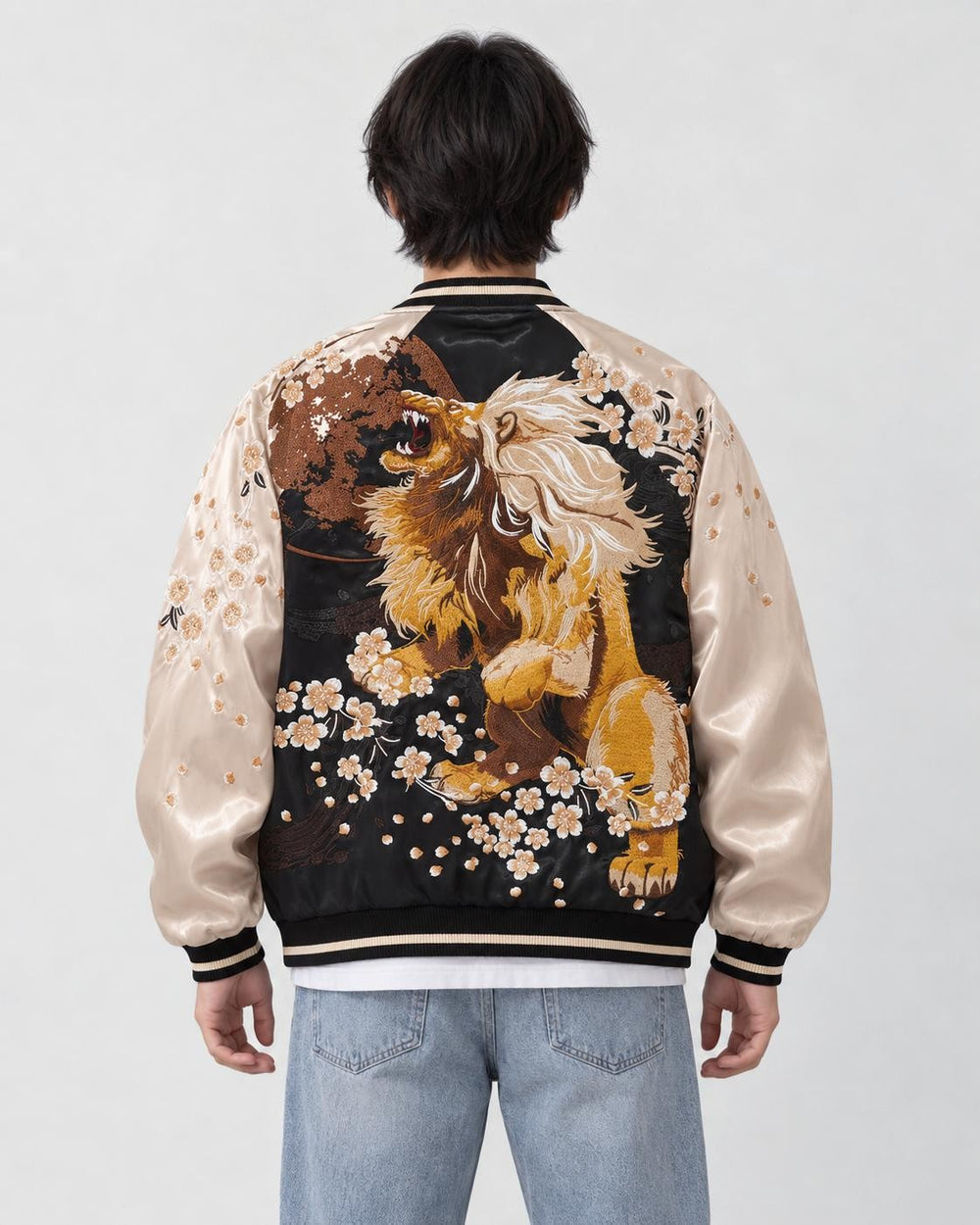 Model wearing the lion sukajan, back view of the embroidery