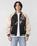 Model wearing the black and cream lion sukajan half zipped, front view