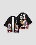 Black lion dance haori cardigan, front and back, with a white calligraphy character and a white-furred lion head