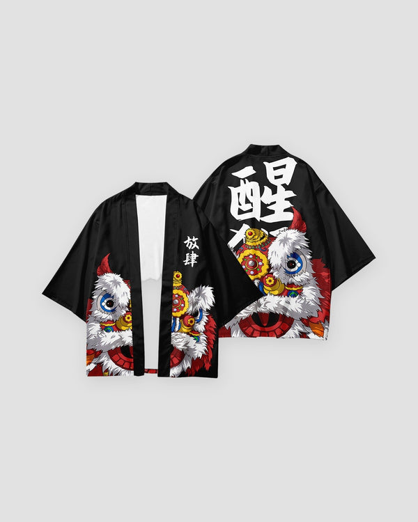 Black lion dance haori cardigan, front and back, with a white calligraphy character and a white-furred lion head