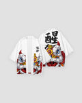 White lion dance haori cardigan, front and back, with a black calligraphy character and a white-furred lion head