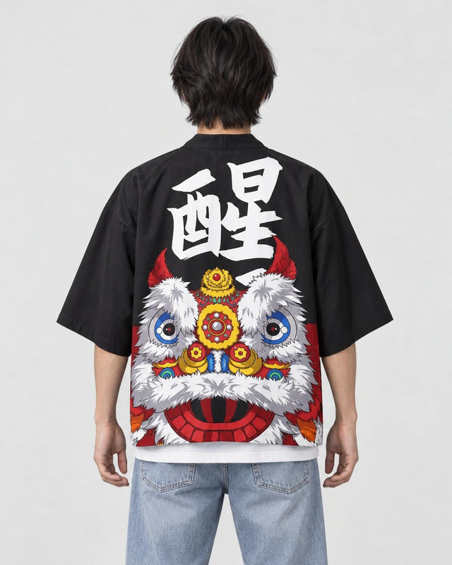 Lion Dance Haori Cardigan with Calligraphy Back Print